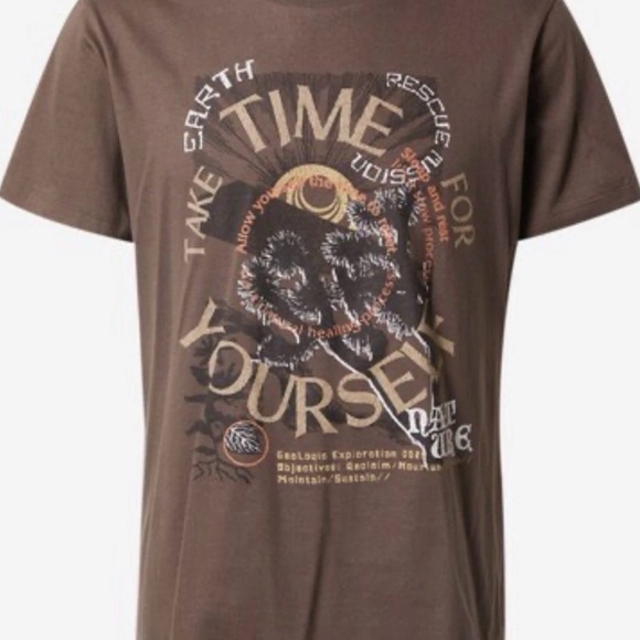 Blend Tee Shirt Mens XXL Brown Cotton Comfort All-over Motto Print Rib Crew - Picture 2 of 14